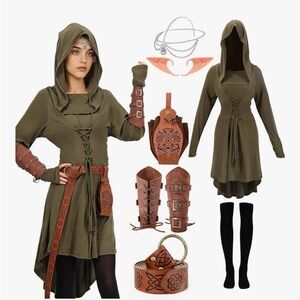 7PCS Women‘s Fairy Renaissance Costume, Medieval Elf Dress Set with Hooded XL